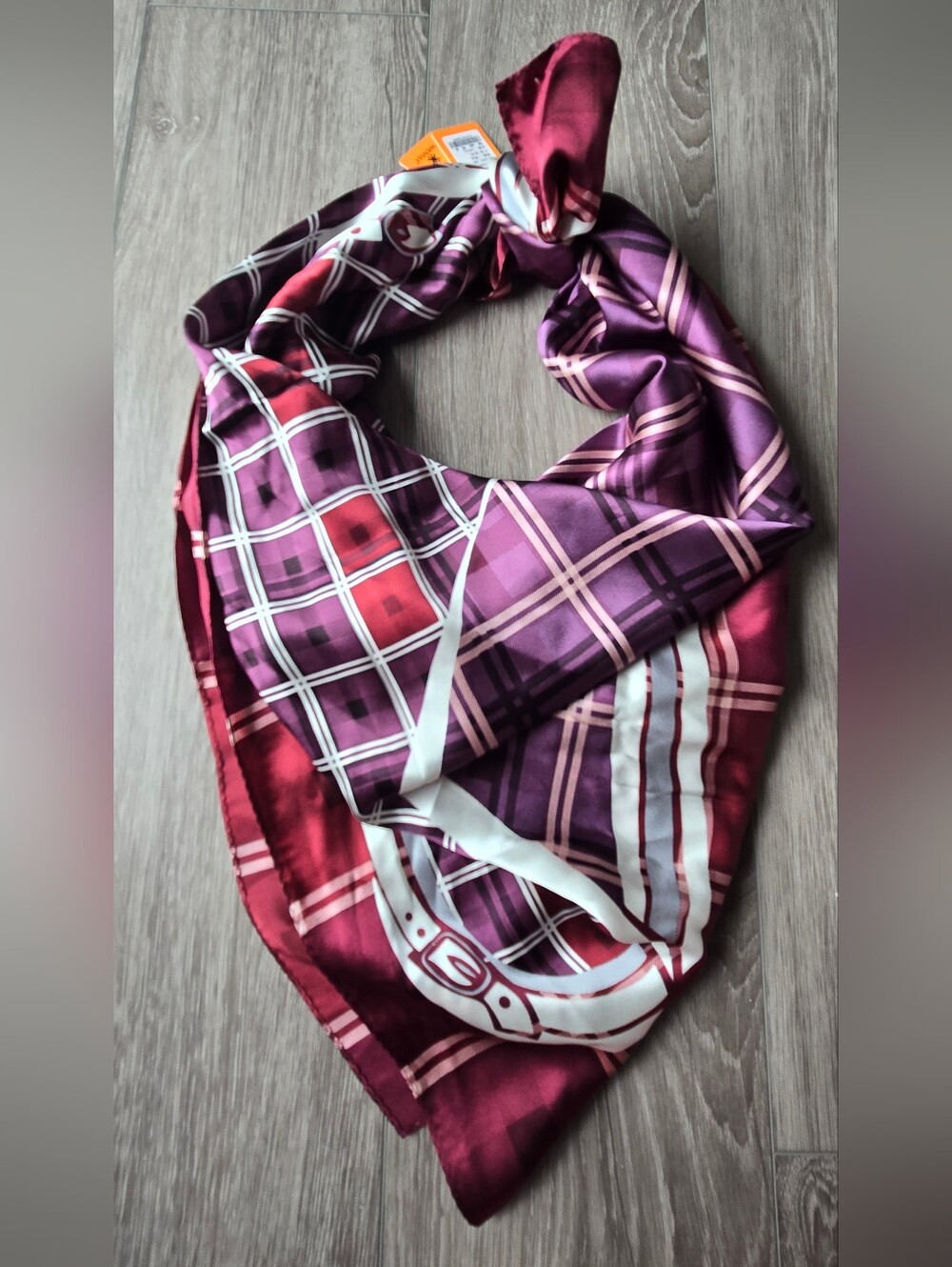 Wensli 100% Silk Large Square Scarf Burgundy Purple Tartan Belt Print NWT
